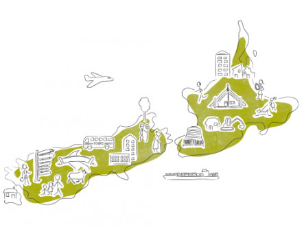 green New zealand map with iconic landmarks - A fair chance for all illustration