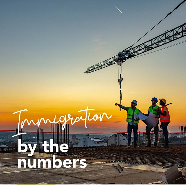 Immigration by the numbers report cover - crane with construction workers